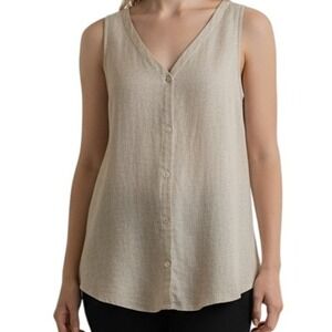 EILEEN FISHER Hazy Printed Silk Crepe V-Neck Bone Button Front Top EUC Medium